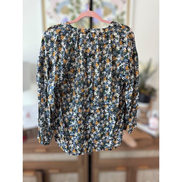 NWT J. Jill Smocked Relaxed Rayon Blouse Navy Blue Sm Wildflowers Womens Large - Picture 6 of 11